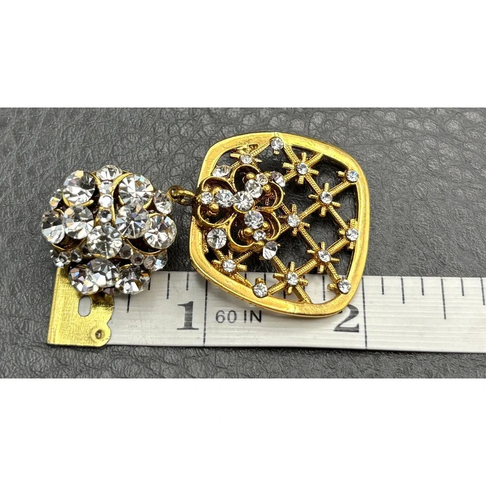 VTG Huge 80s Runway Rhinestone Filigree  Drop Dangle Clip On Earrings Gold Tone